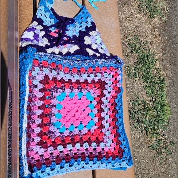 Hand Crafted crochet halter top split dress open back swim coverup multicolored - Picture 11 of 17